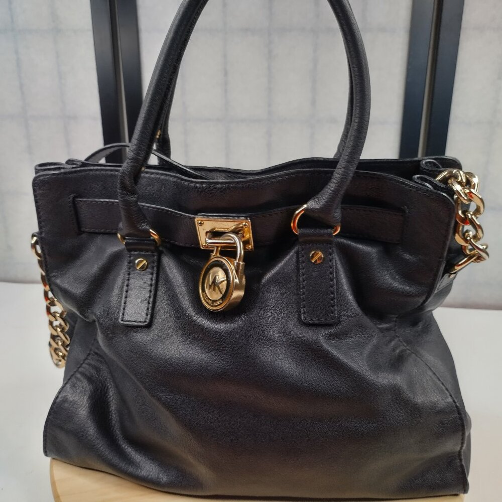 Michael Kors Hamilton North South Black Satchel Handbag Purse Leather Large